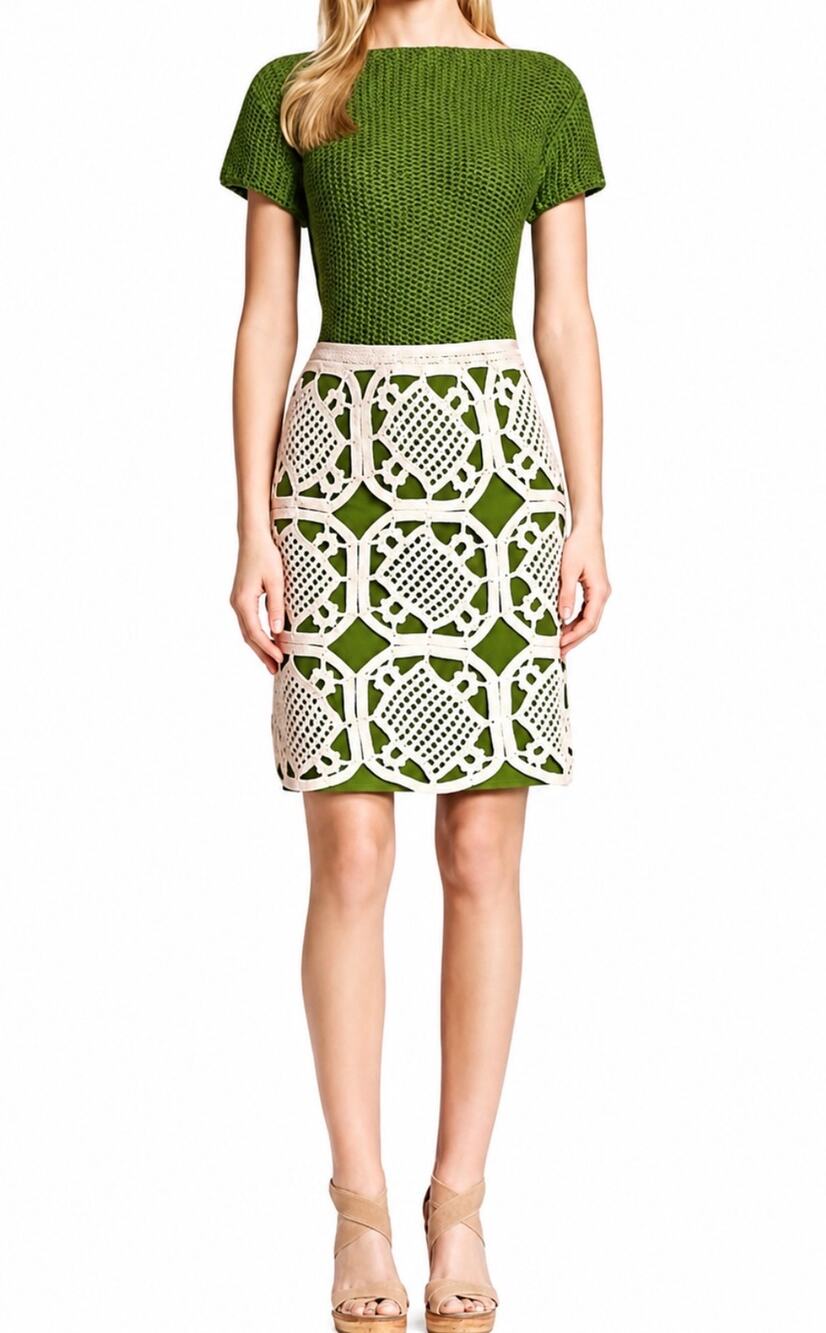Tory Burch Lexi Green & Cream Crochet Cotton Pencil Skirt Size Medium